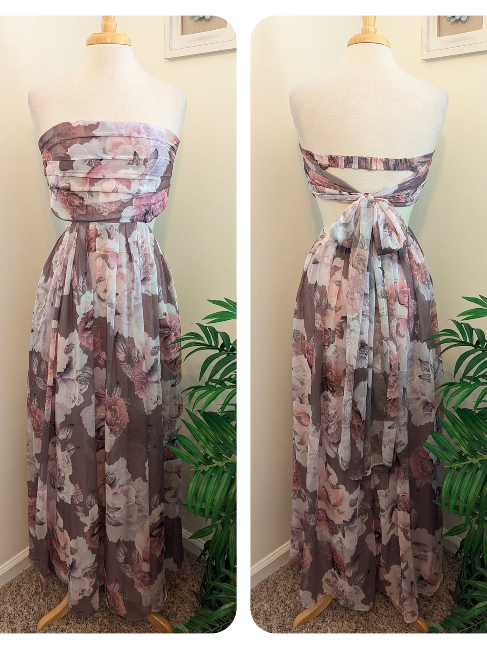 Olia Floral Pleated Tie Back Open Back Formal Strapless Maxi Dress Mauve Pink M